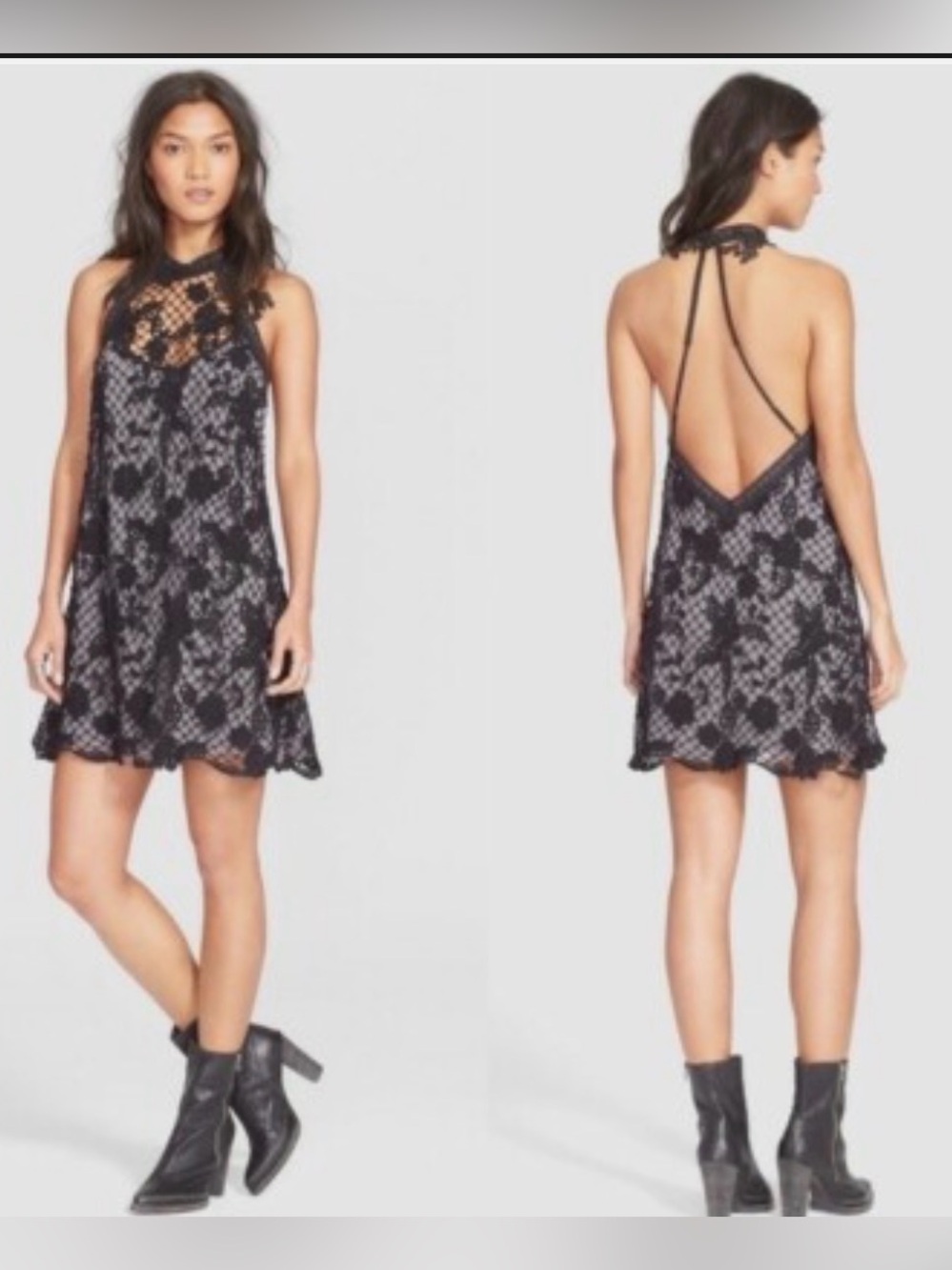 Free People | Snowdrop Lace Overlay Trapeze Dress Black & Greay | Sz M